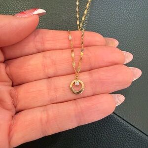 Lana 14kt gold circle and diamond pendant necklace worn 1x